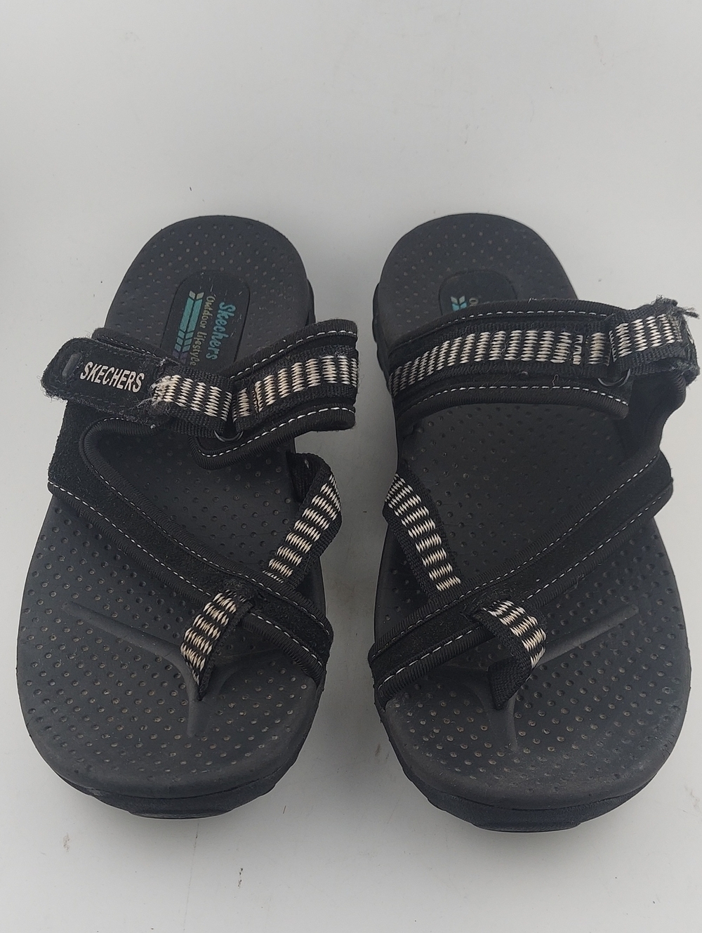 Skechers Womans Black Sandals with White-Striped Webbing